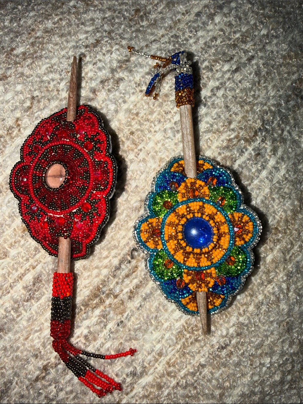 Beaded Floral Hair Pin Set - Red and Blue/Orange